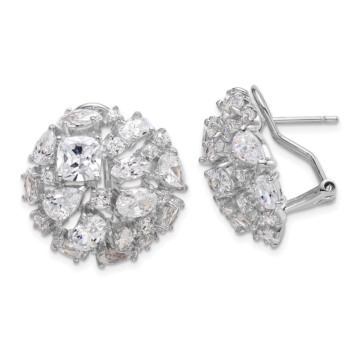 Sterling Silver Cluster Earrings with Cubic Zirconia, Floral Design, Omega Back Studs