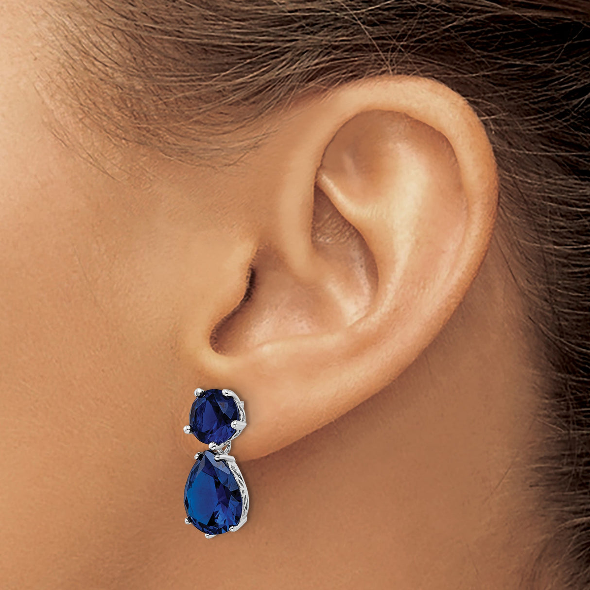 Sterling Silver Drop Earrings with Deep Blue Cubic Zirconia, Openwork Sides, Evening Style