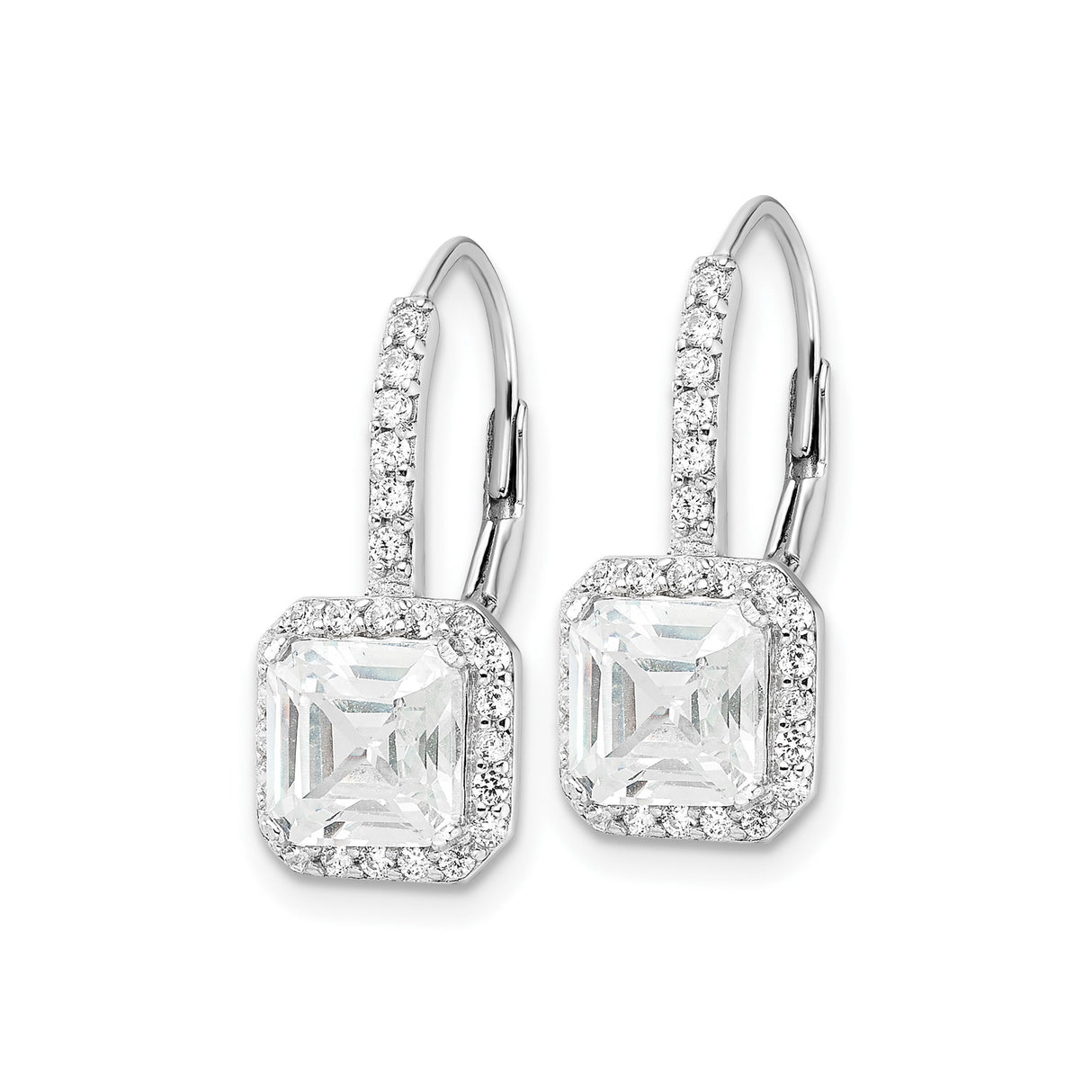 Sterling Silver Drop Earrings with Square-Cut Cubic Zirconia and Halo Design