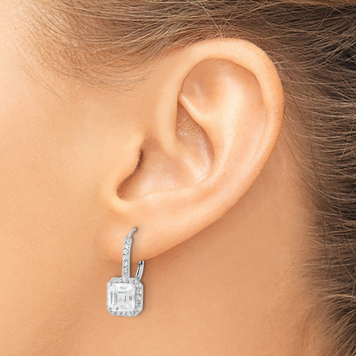 Sterling Silver Drop Earrings with Square-Cut Cubic Zirconia and Halo Design