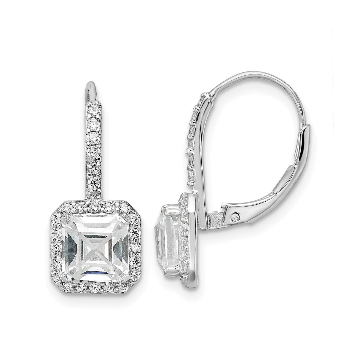 Sterling Silver Drop Earrings with Square-Cut Cubic Zirconia and Halo Design