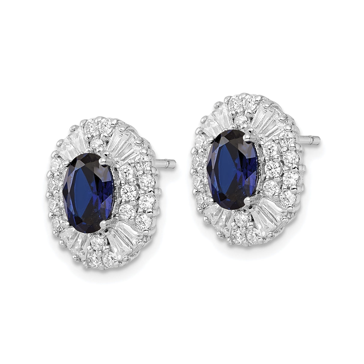 Sterling Silver Oval Stud Earrings with Deep Blue Cubic Zirconia and Halo Cluster Design