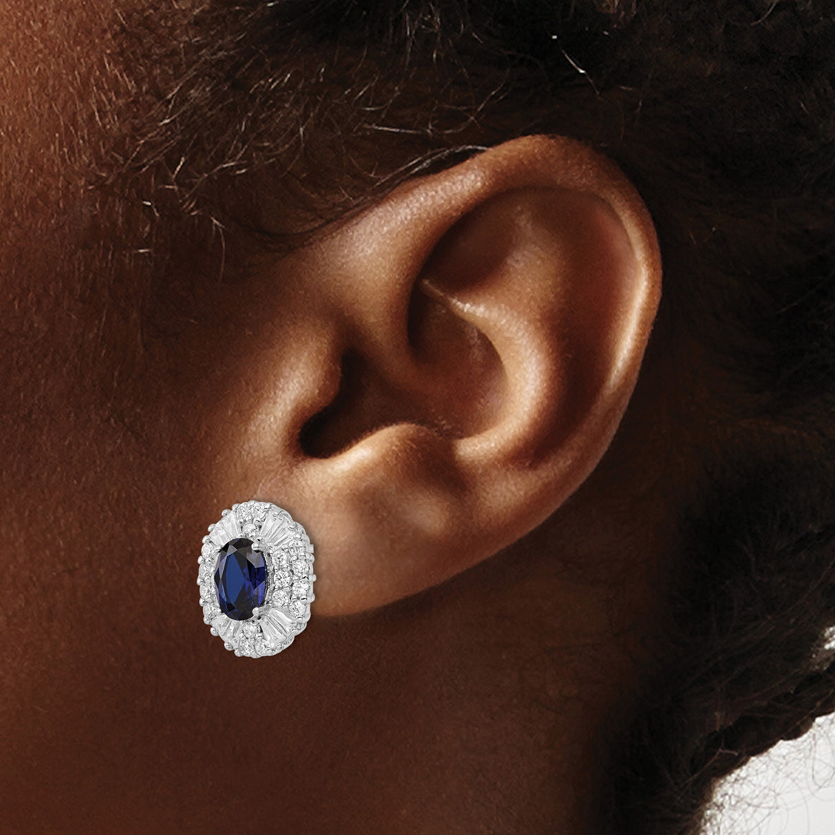 Sterling Silver Oval Stud Earrings with Deep Blue Cubic Zirconia and Halo Cluster Design