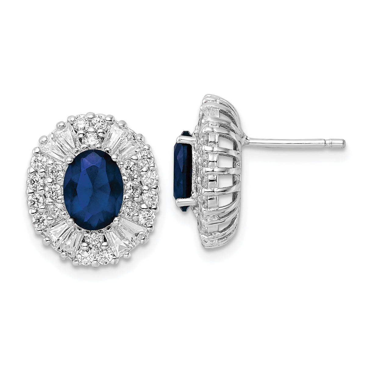 Sterling Silver Oval Stud Earrings with Deep Blue Cubic Zirconia and Halo Cluster Design