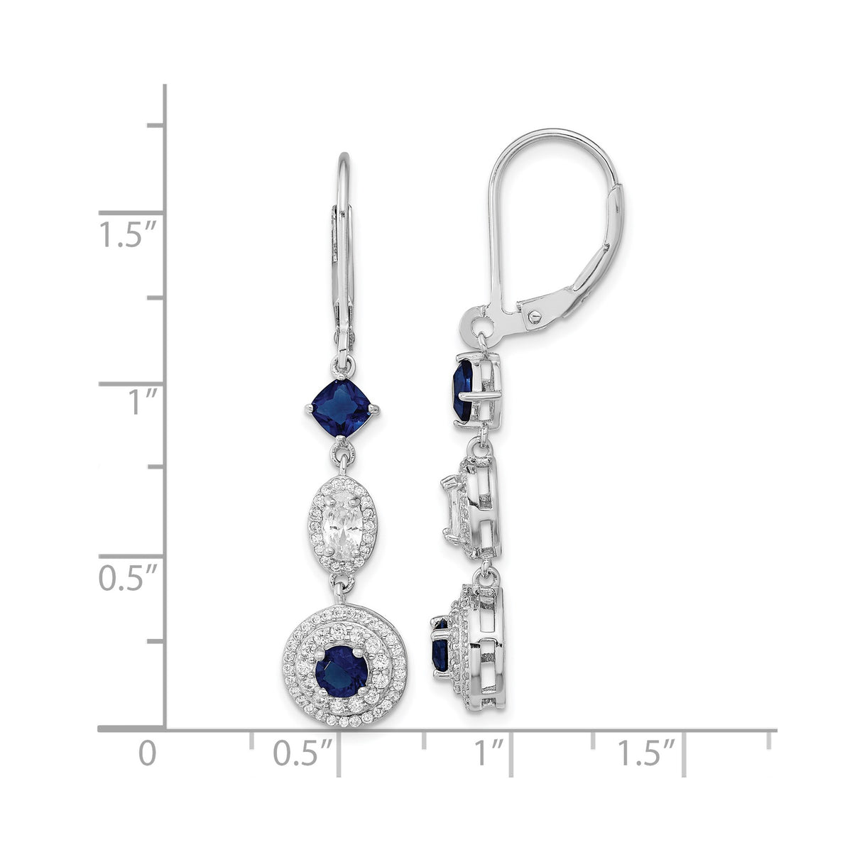 Sterling Silver Dangle Earrings with Oval Blue Sapphires, Round Accents, and Cubic Zirconia