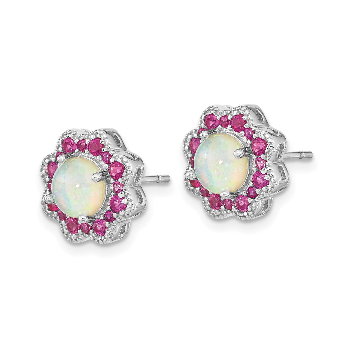 Sterling Silver Flower Stud Earrings with Created Opal Center and Pink Tourmaline Halo