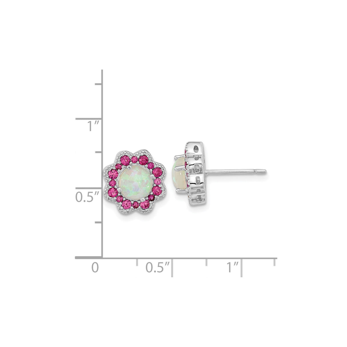 Sterling Silver Flower Stud Earrings with Created Opal Center and Pink Tourmaline Halo