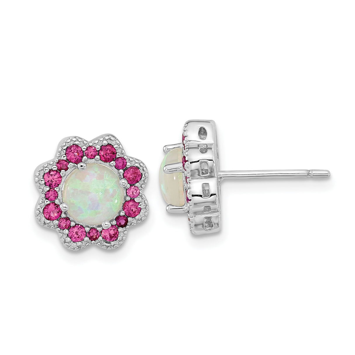 Sterling Silver Flower Stud Earrings with Created Opal Center and Pink Tourmaline Halo