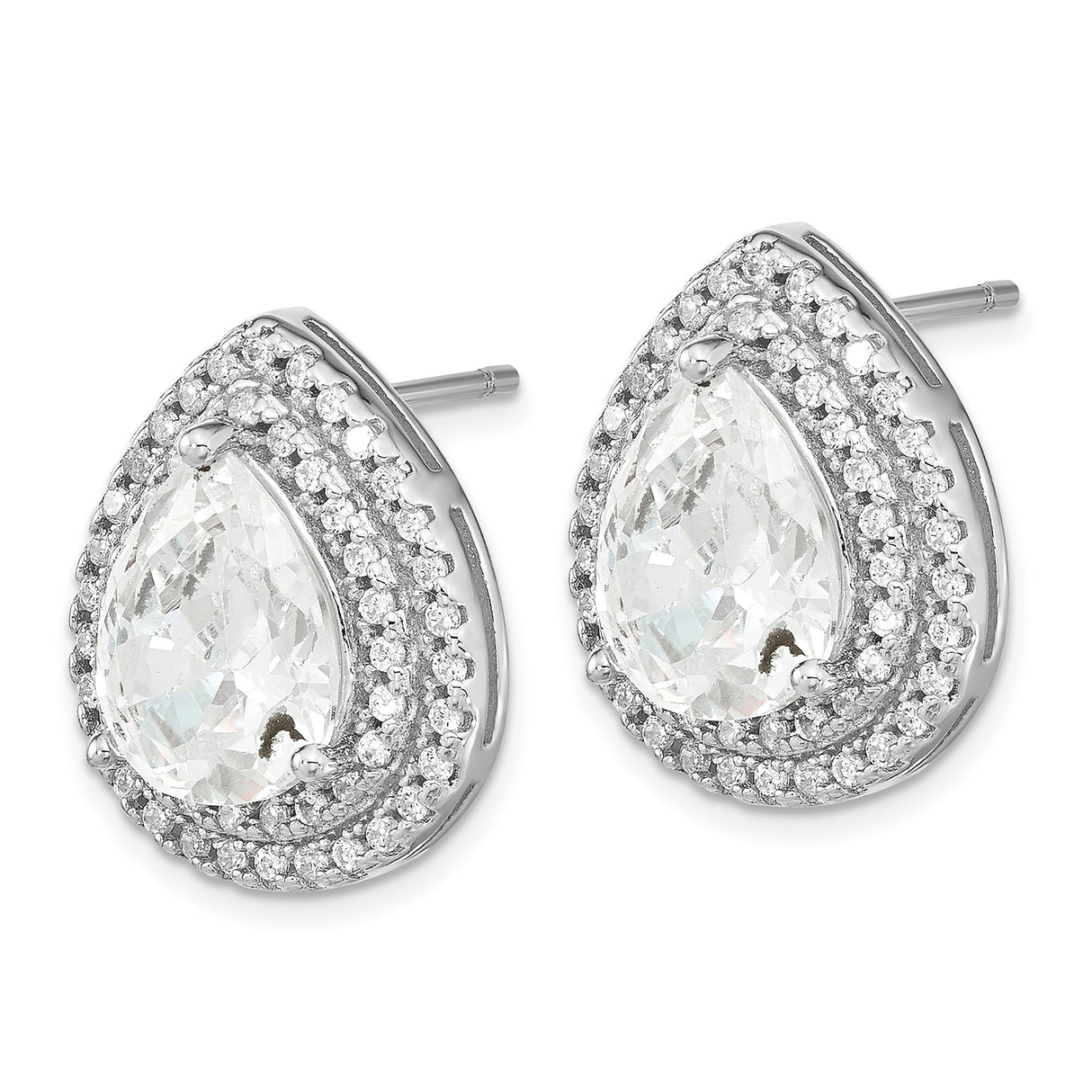 Sterling Silver Teardrop Stud Earrings with Pear Shaped Cubic Zirconia and Double Halo