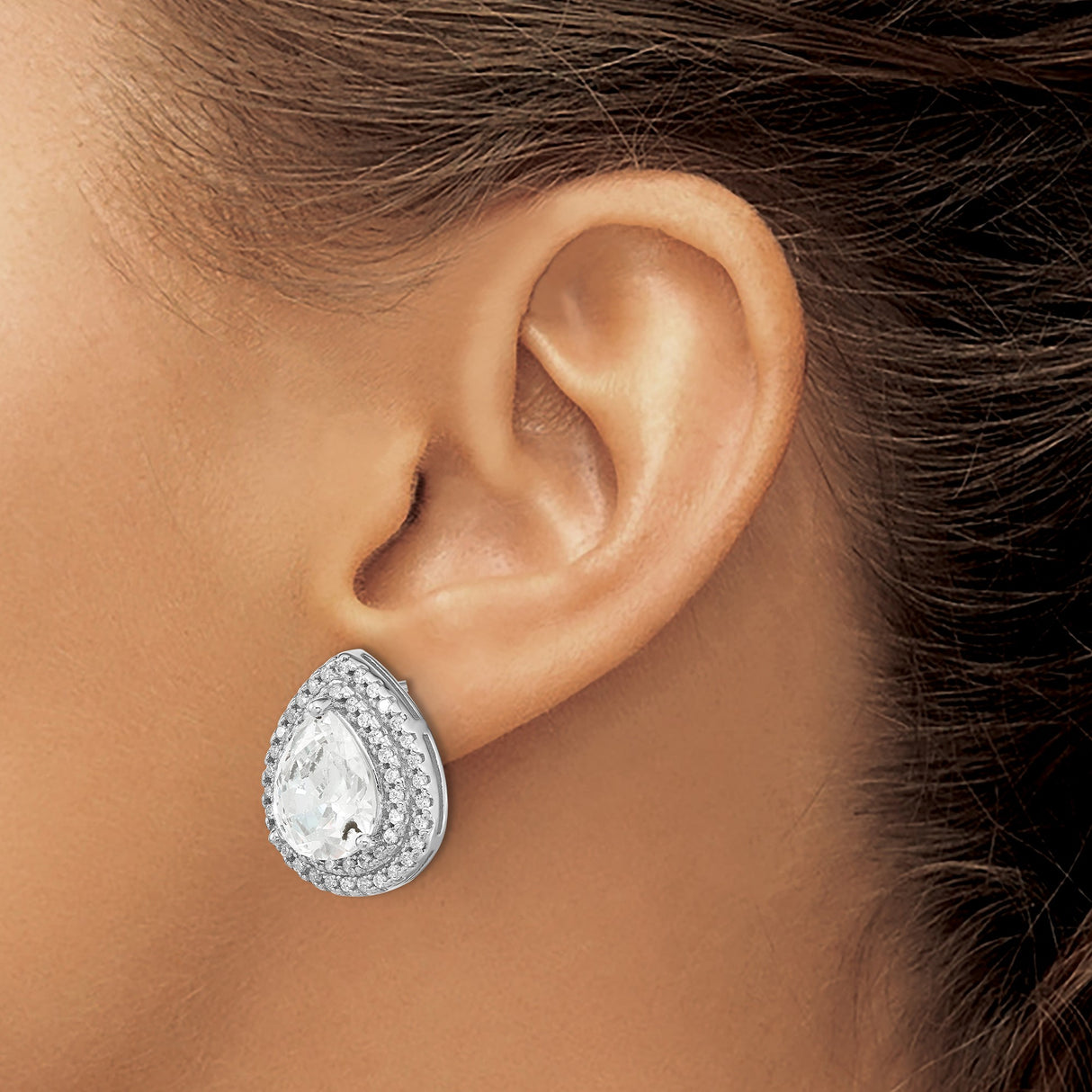 Sterling Silver Teardrop Stud Earrings with Pear Shaped Cubic Zirconia and Double Halo