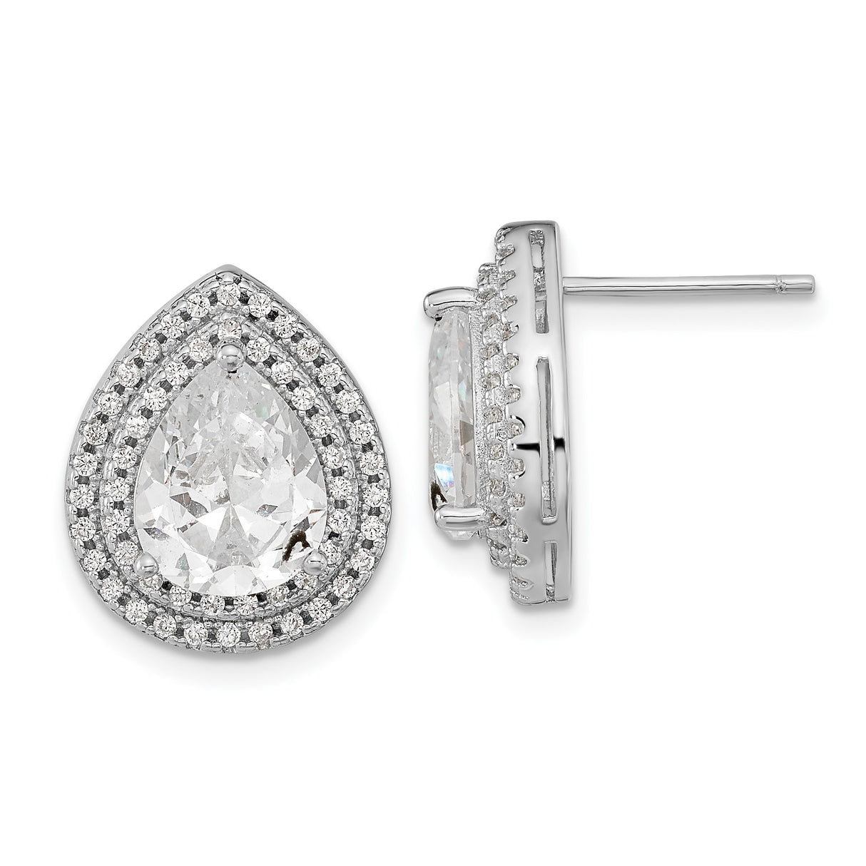 Sterling Silver Teardrop Stud Earrings with Pear Shaped Cubic Zirconia and Double Halo