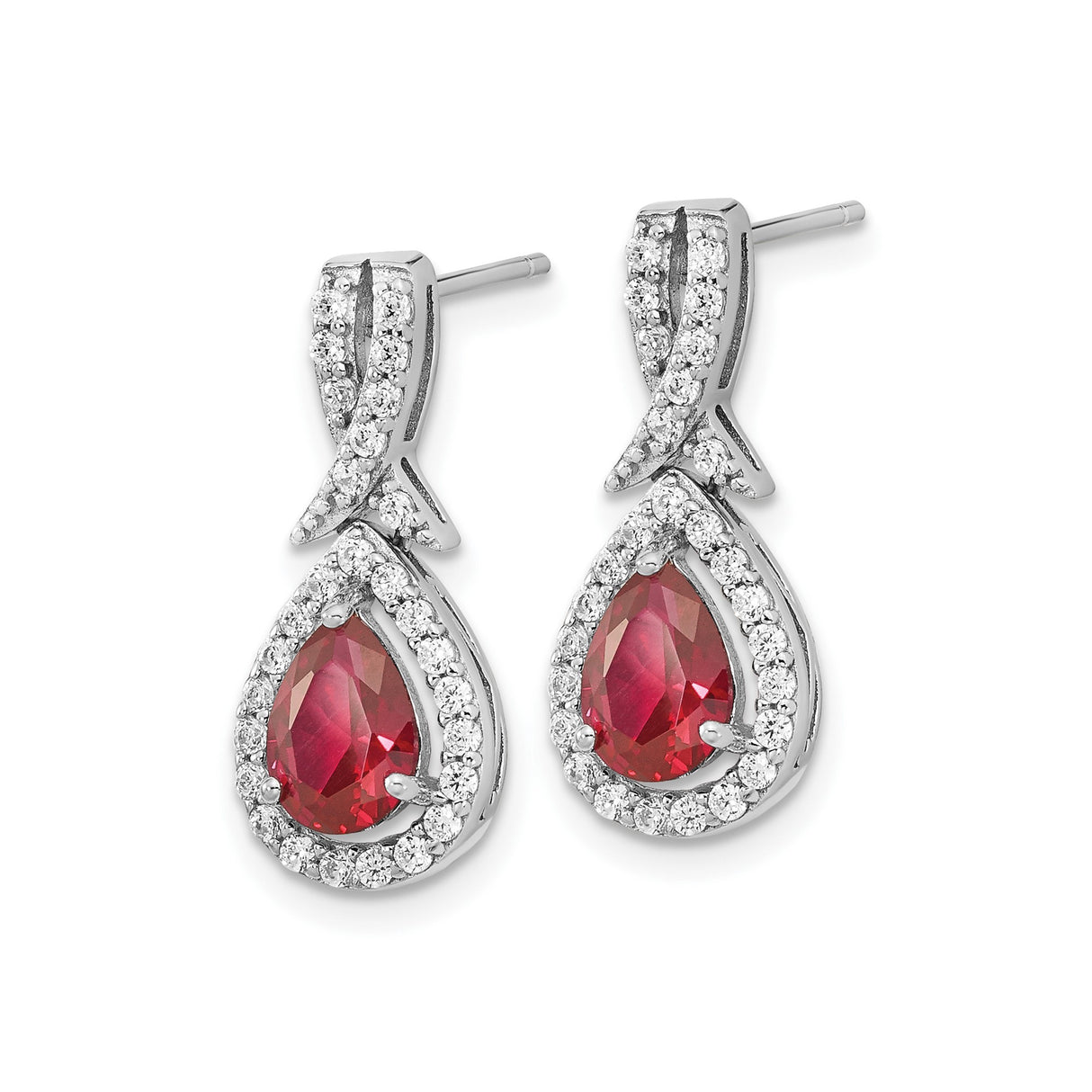 Sterling Silver Dangle Earrings with Lab-Created Ruby and Cubic Zirconia Ribbon Design