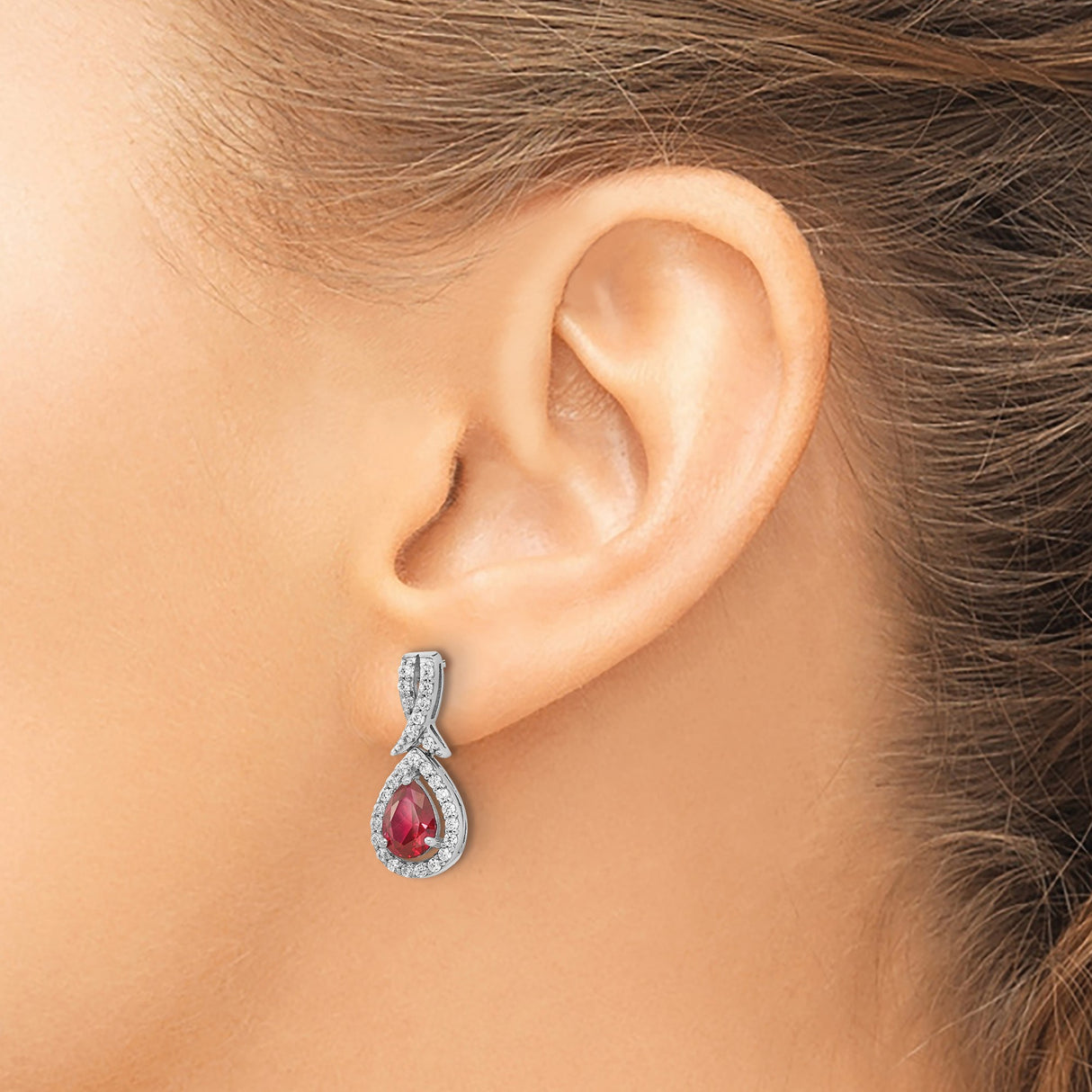 Sterling Silver Dangle Earrings with Lab-Created Ruby and Cubic Zirconia Ribbon Design