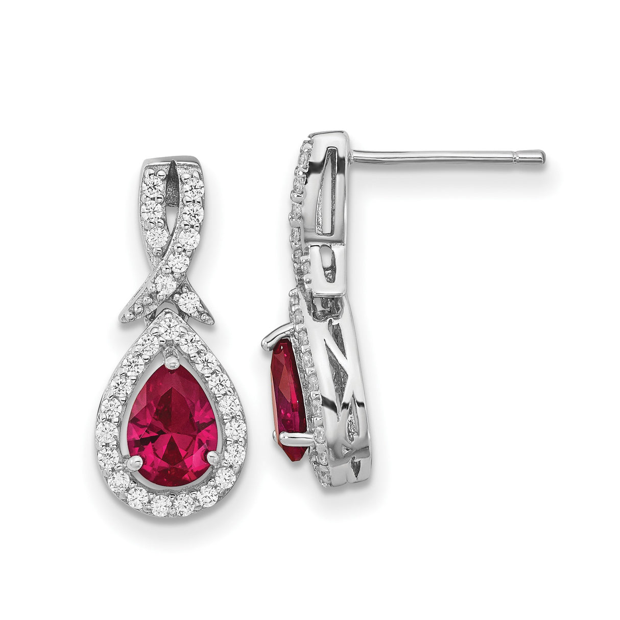Sterling Silver Dangle Earrings with Lab-Created Ruby and Cubic Zirconia Ribbon Design