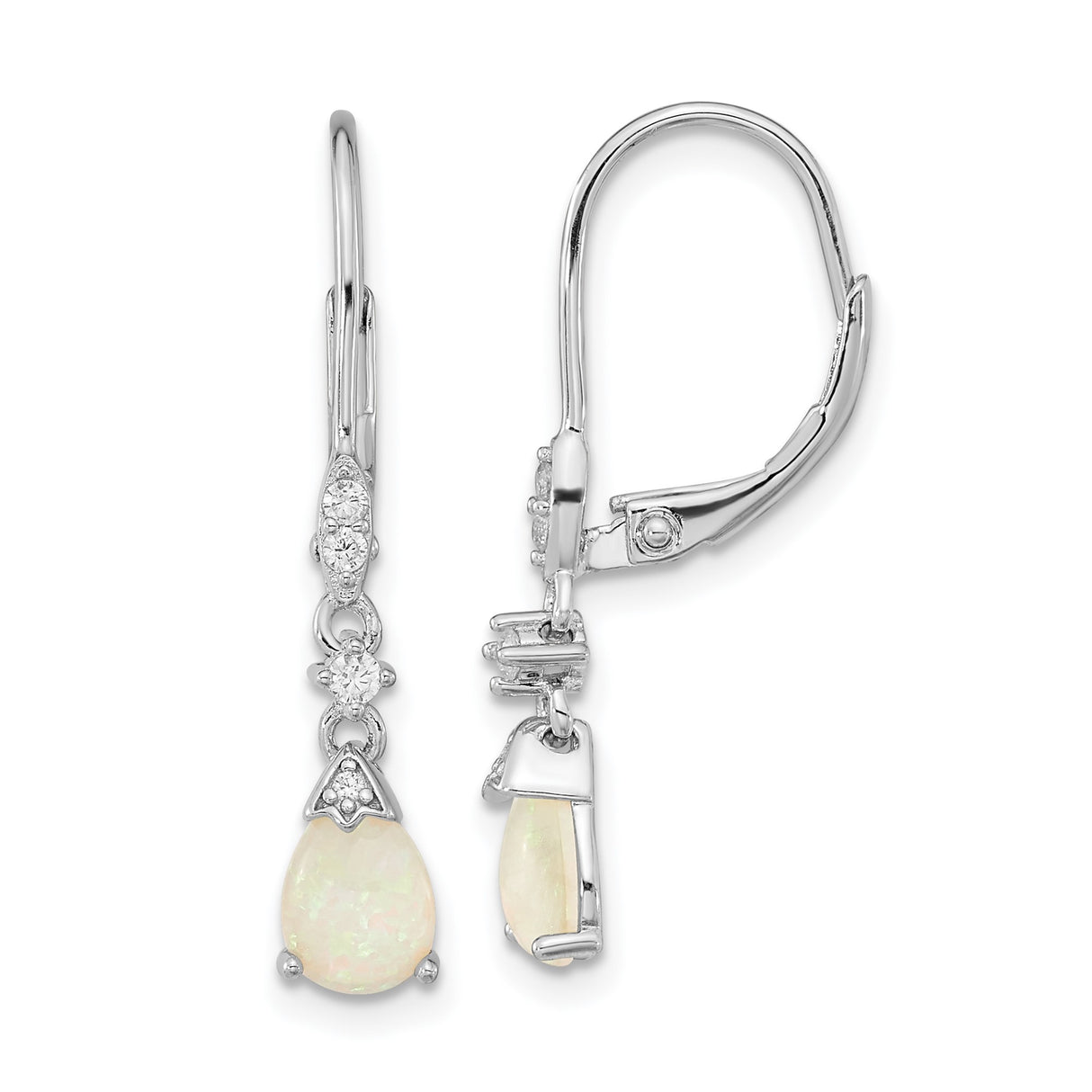 Sterling Silver Teardrop Earrings with Opal and Cubic Zirconia, Leverback Dangle Style for Women