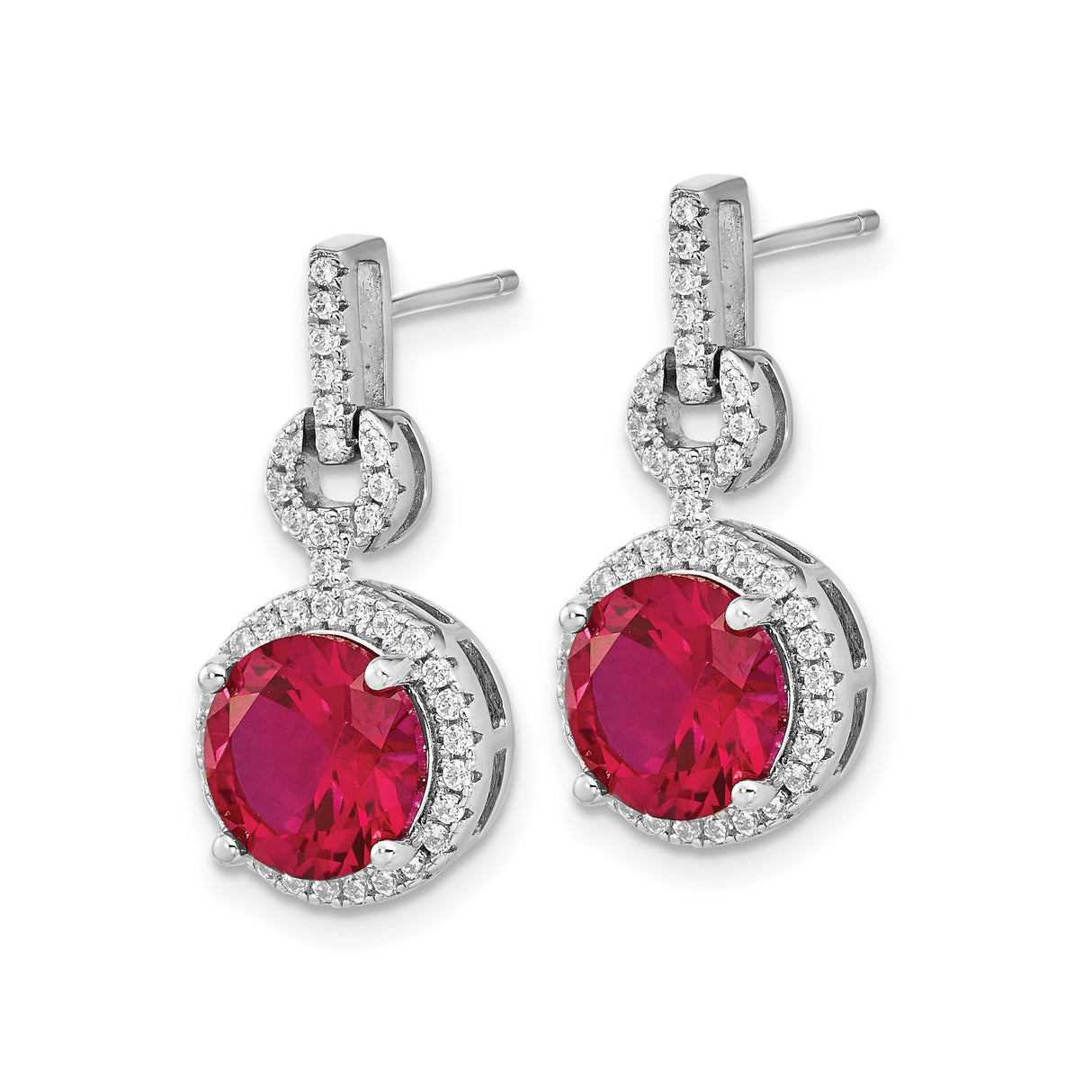 Sterling Silver Dangle Earrings with Lab Created Ruby Center and Cubic Zirconia Halo
