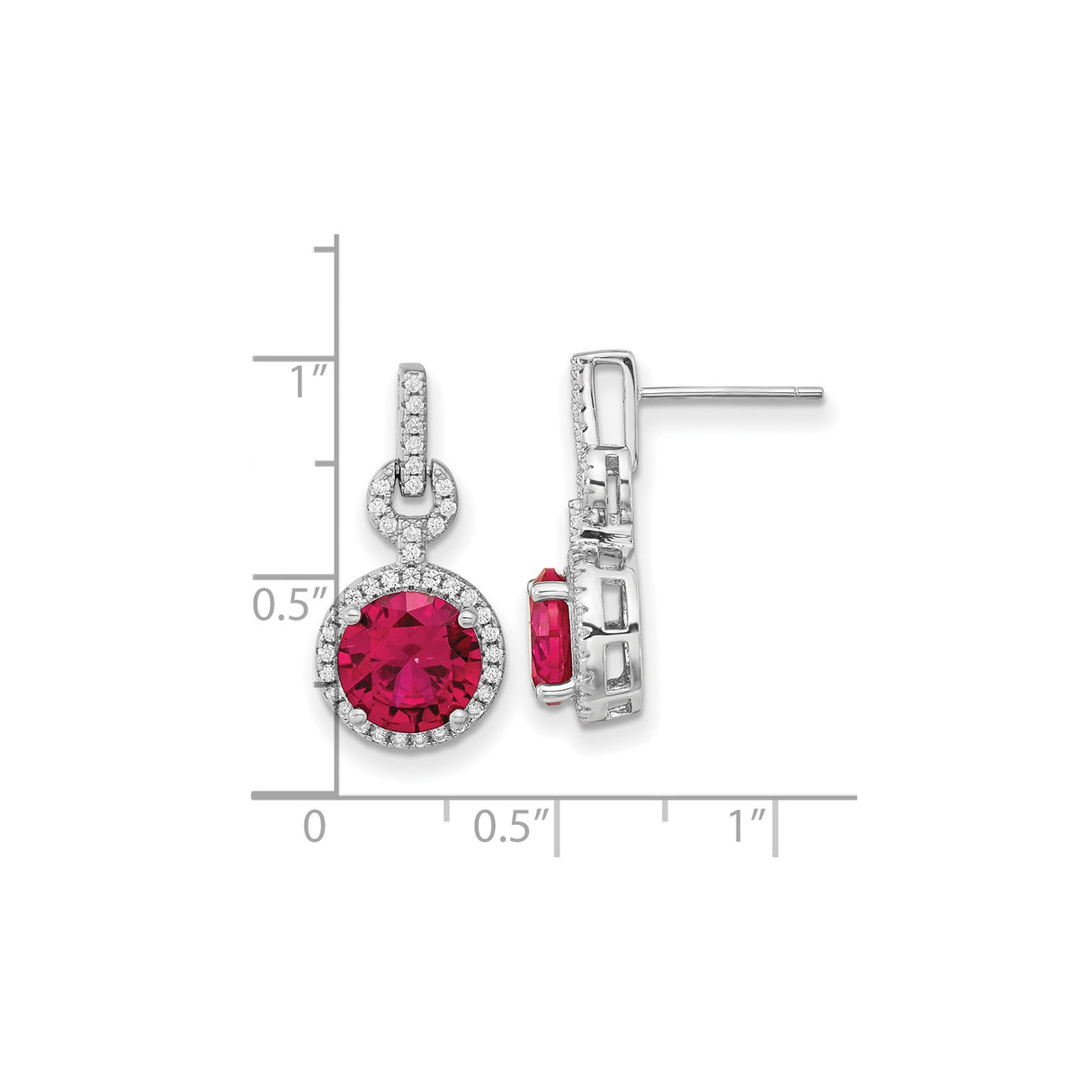 Sterling Silver Dangle Earrings with Lab Created Ruby Center and Cubic Zirconia Halo
