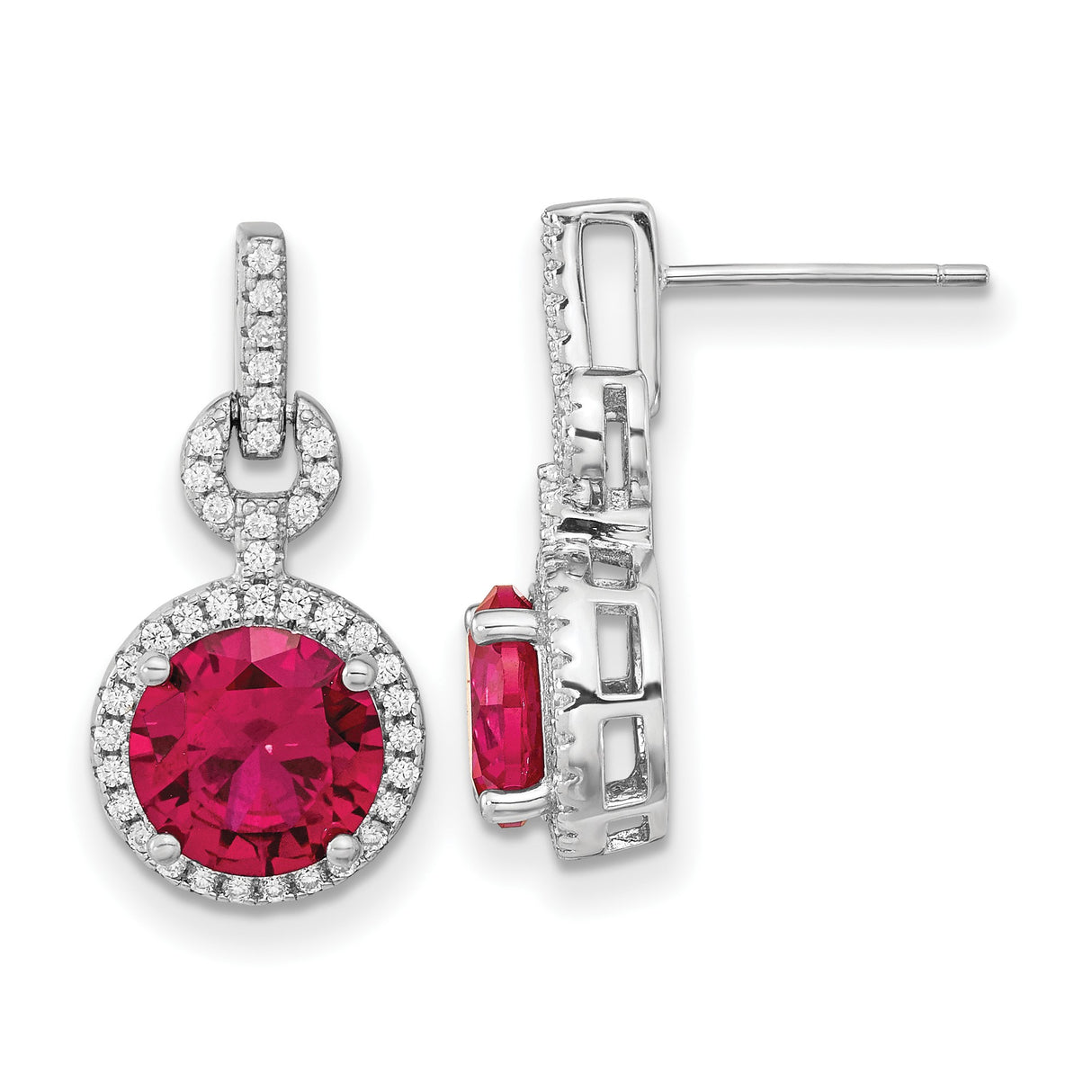 Sterling Silver Dangle Earrings with Lab Created Ruby Center and Cubic Zirconia Halo