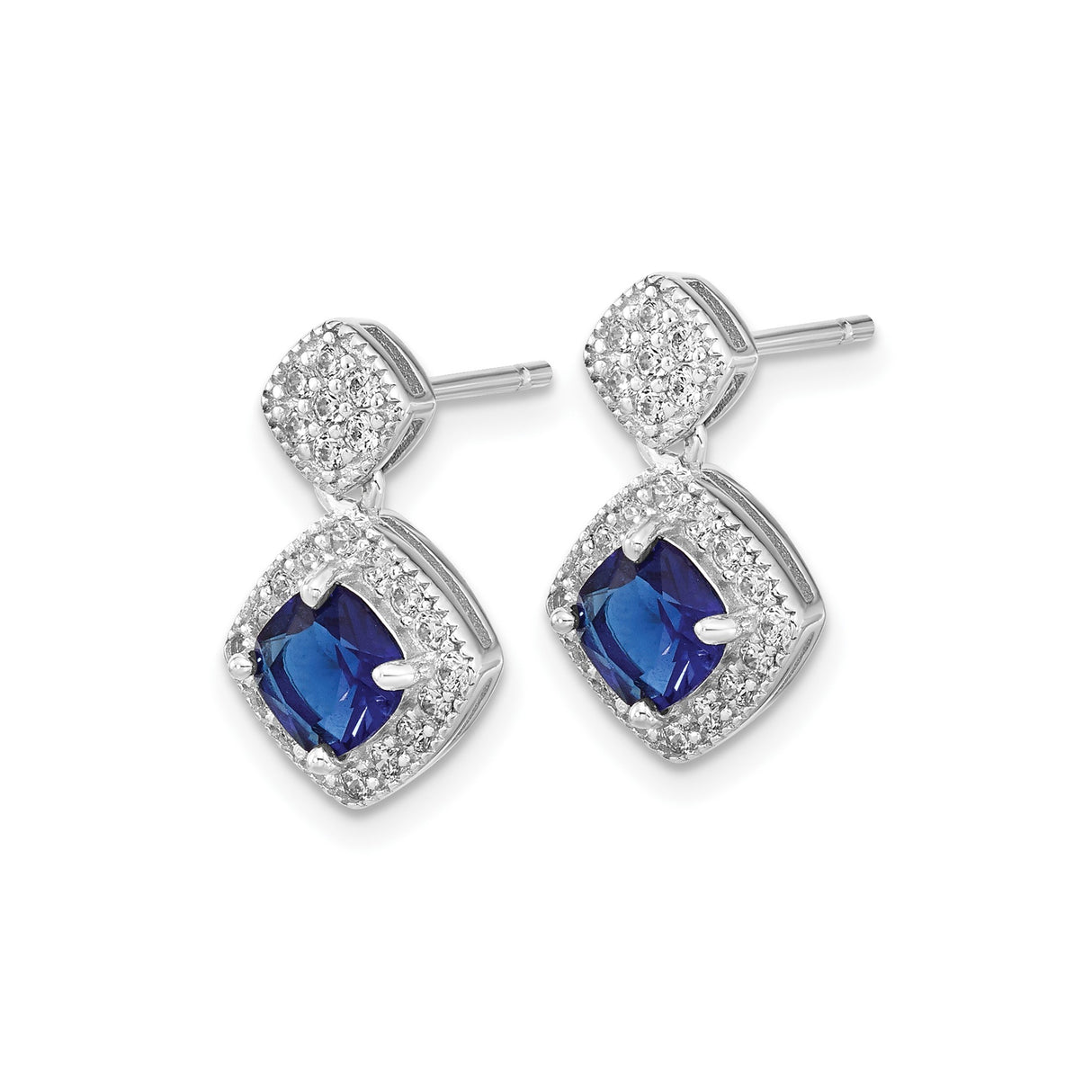 Sterling Silver Dangle Earrings with Blue Sapphire and Cubic Zirconia in Halo Setting