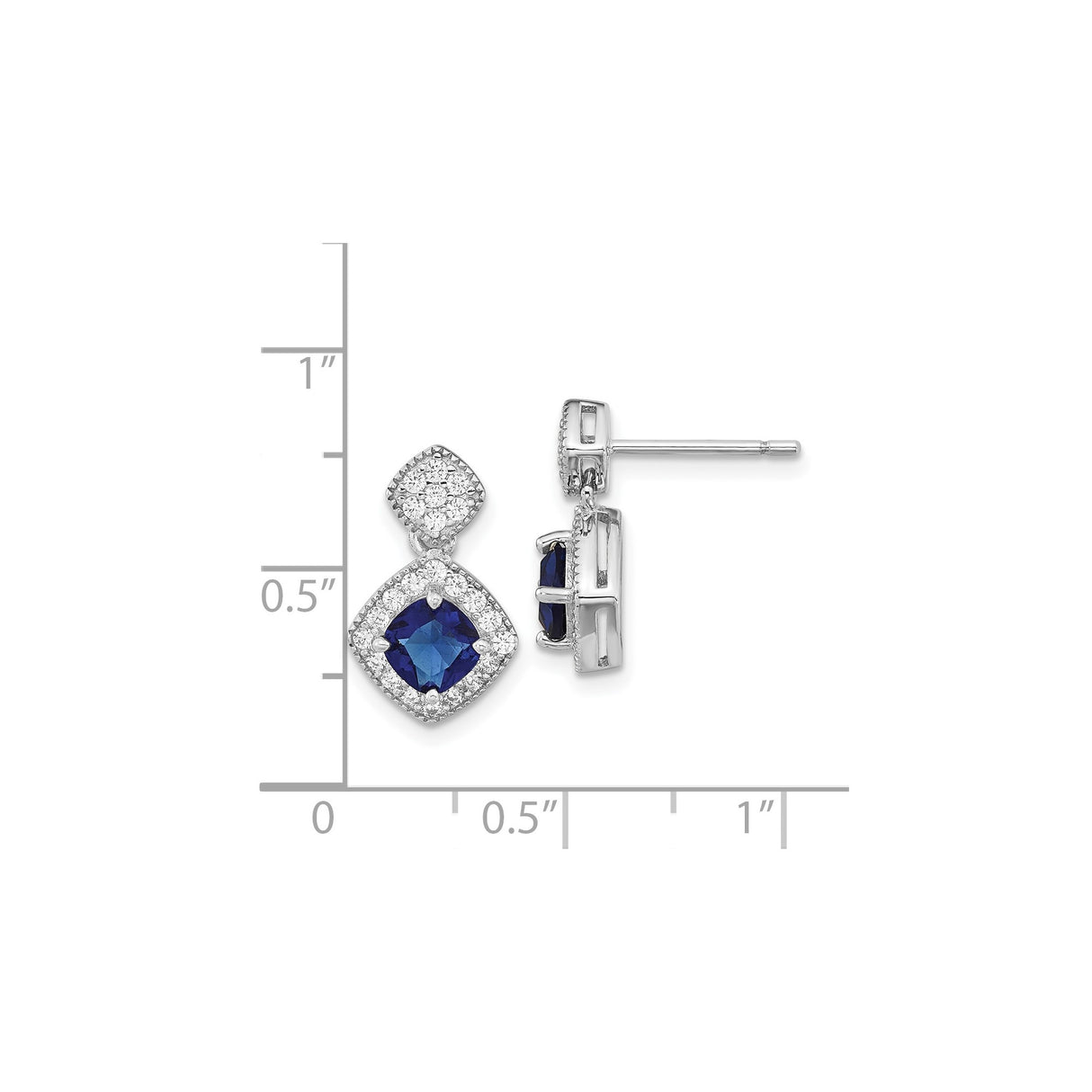Sterling Silver Dangle Earrings with Blue Sapphire and Cubic Zirconia in Halo Setting