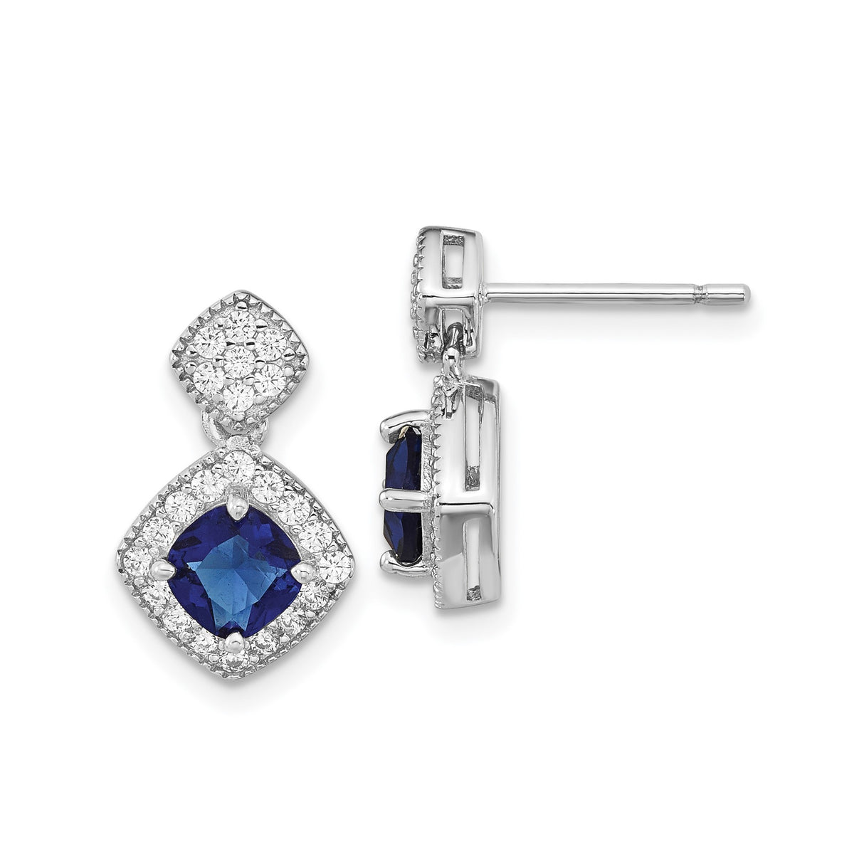 Sterling Silver Dangle Earrings with Blue Sapphire and Cubic Zirconia in Halo Setting