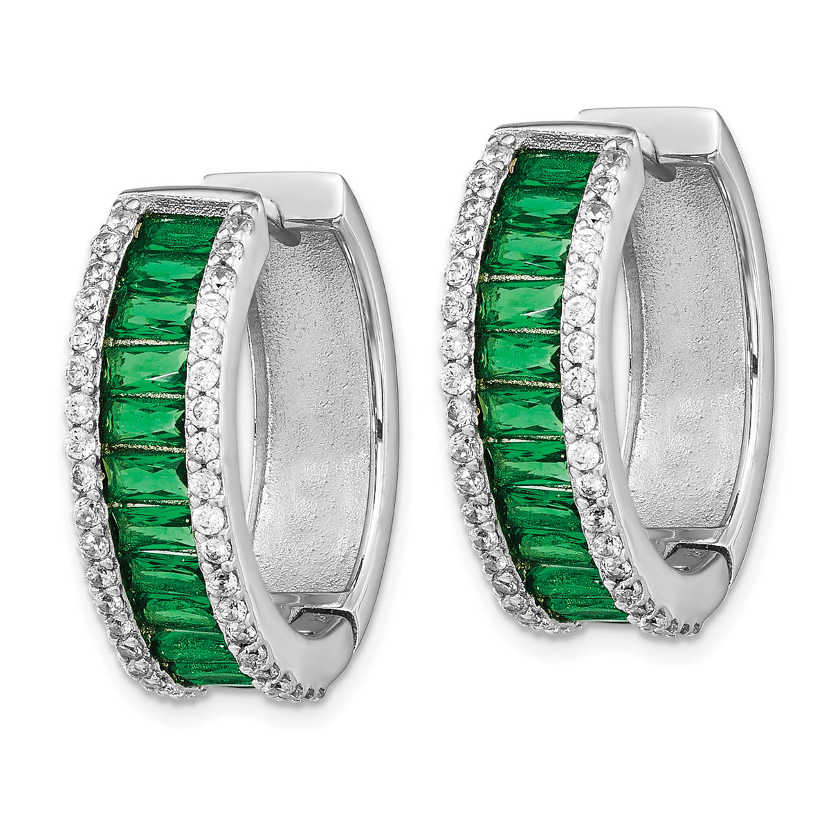 Sterling Silver Hoop Earrings with Emerald Green Baguette Stones and Cubic Zirconia Accents