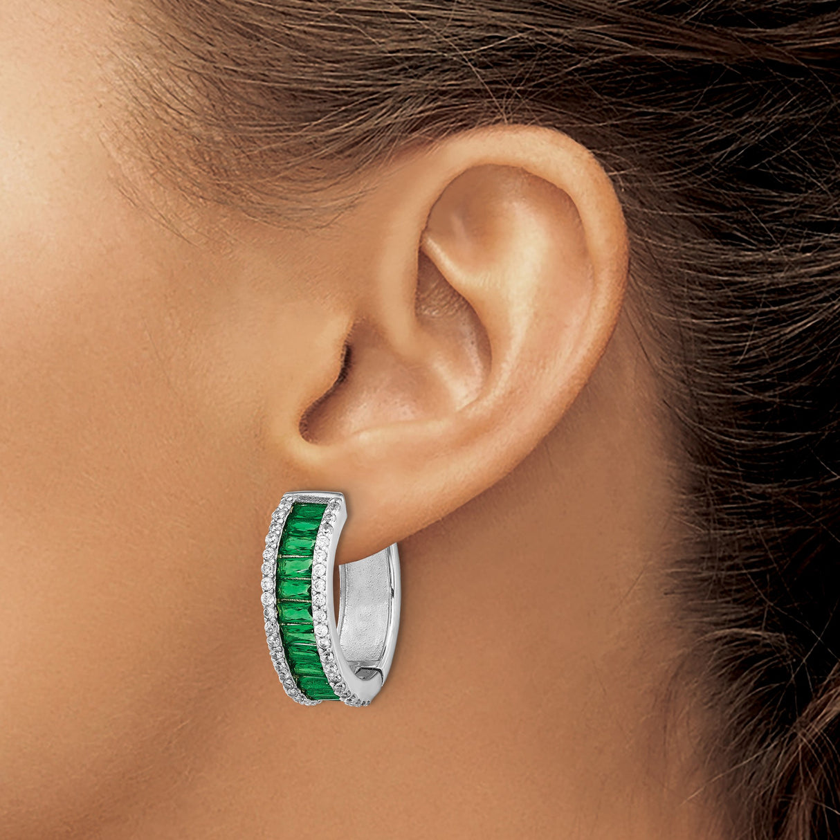 Sterling Silver Hoop Earrings with Emerald Green Baguette Stones and Cubic Zirconia Accents