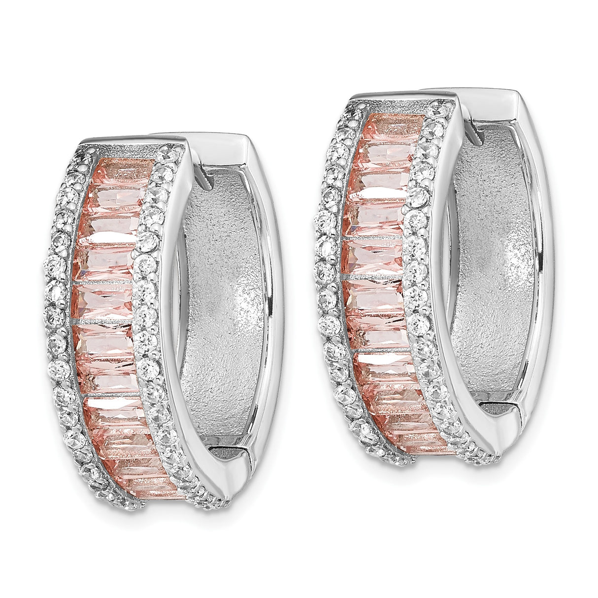 Sterling Silver Huggie Hoop Earrings with Pink Baguette Crystals and Cubic Zirconia Accents