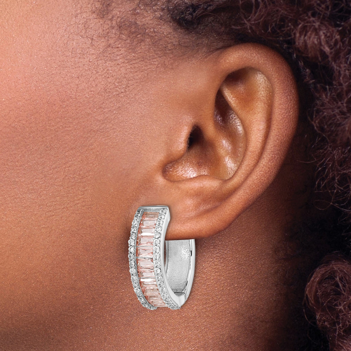 Sterling Silver Huggie Hoop Earrings with Pink Baguette Crystals and Cubic Zirconia Accents