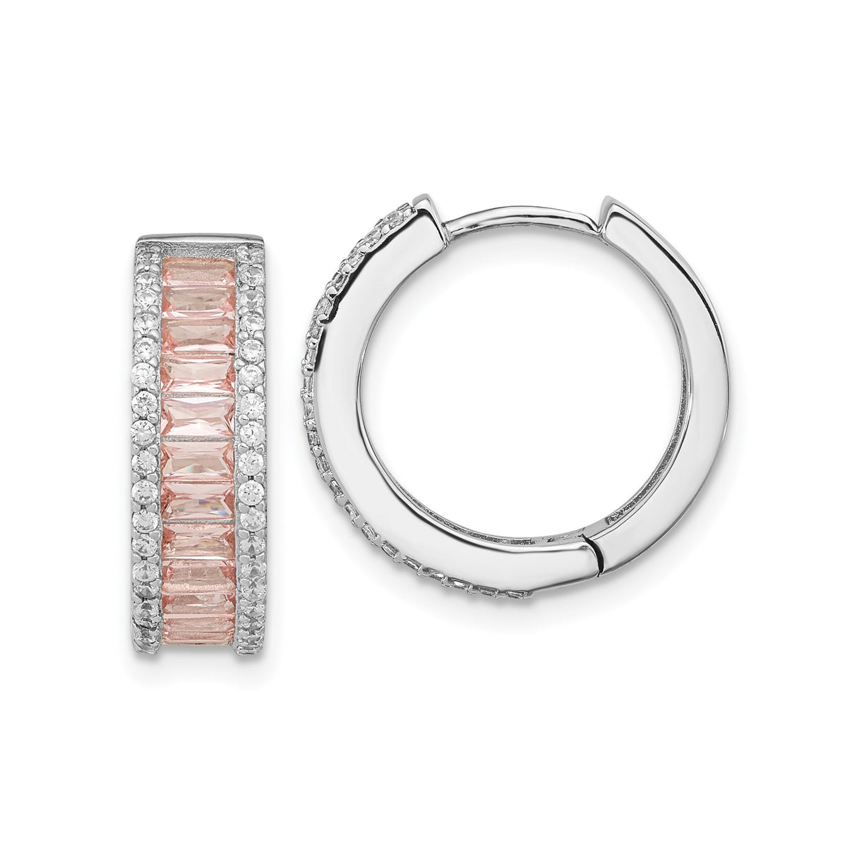 Sterling Silver Huggie Hoop Earrings with Pink Baguette Crystals and Cubic Zirconia Accents