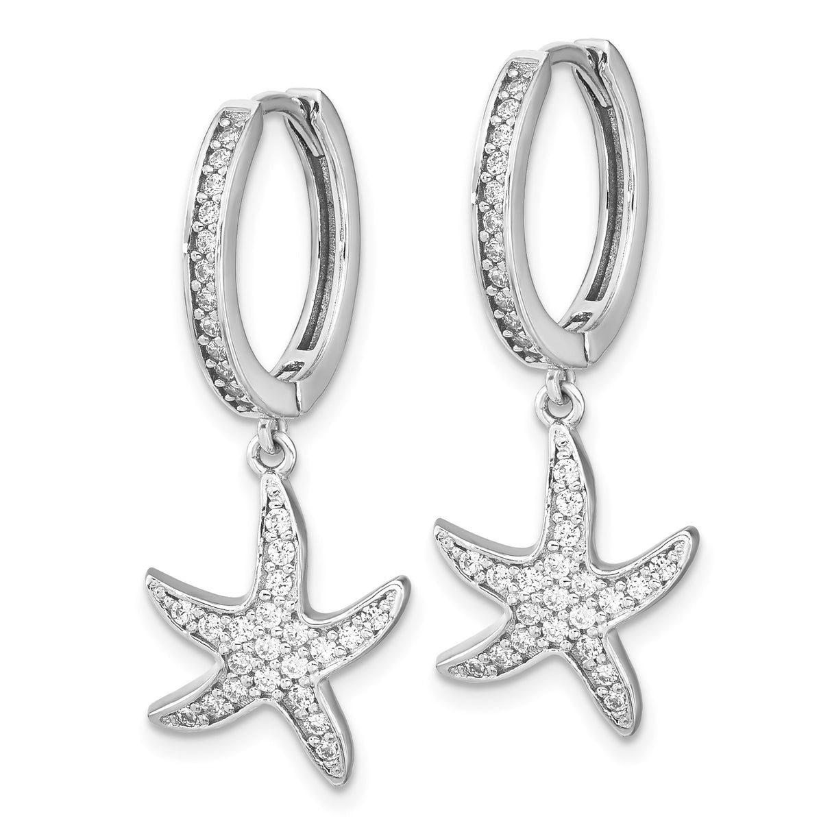 Sterling Silver Hoop Earrings with Cubic Zirconia Starfish Charms, Nautical Beach Style