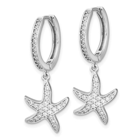 Sterling Silver Hoop Earrings with Cubic Zirconia Starfish Charms, Nautical Beach Style