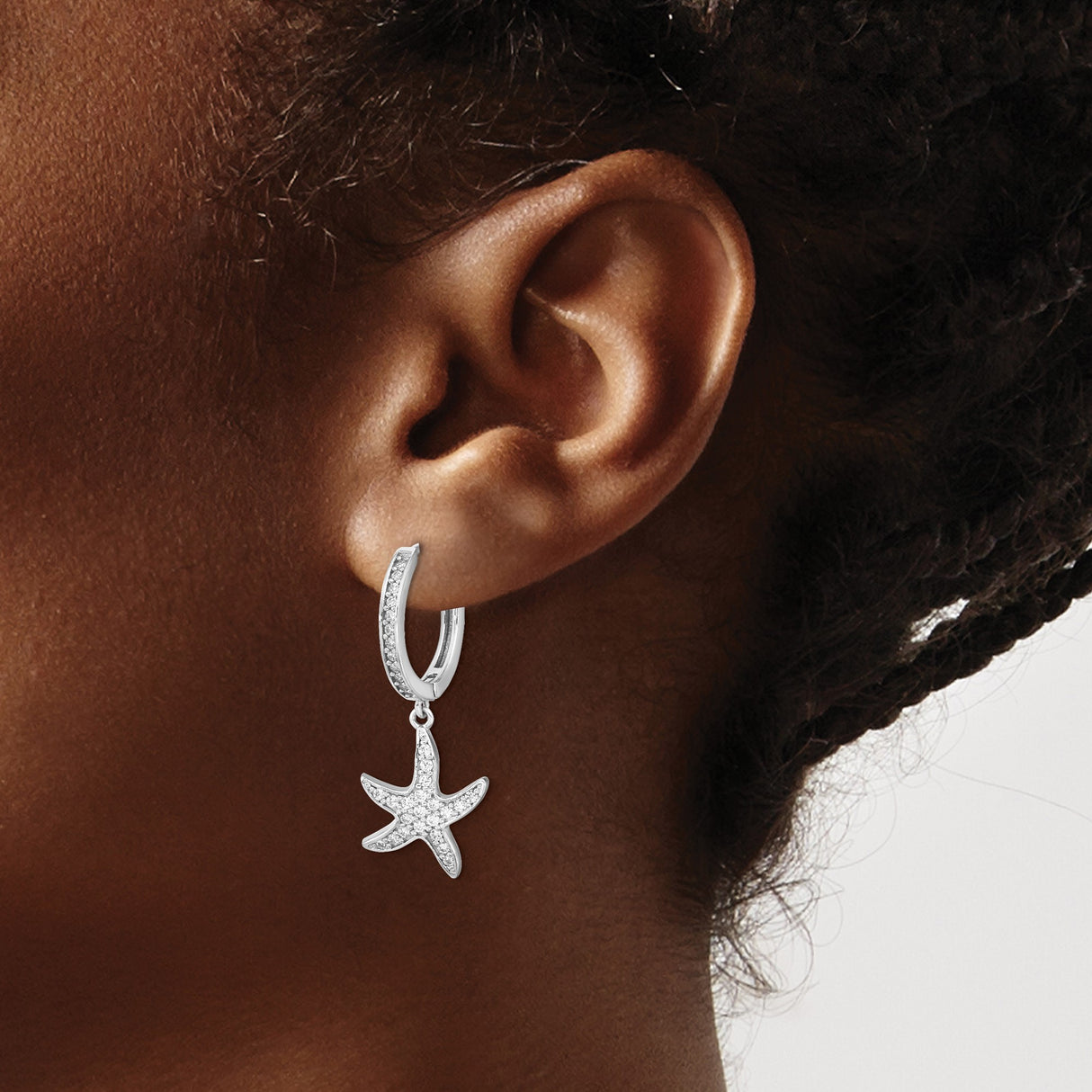 Sterling Silver Hoop Earrings with Cubic Zirconia Starfish Charms, Nautical Beach Style