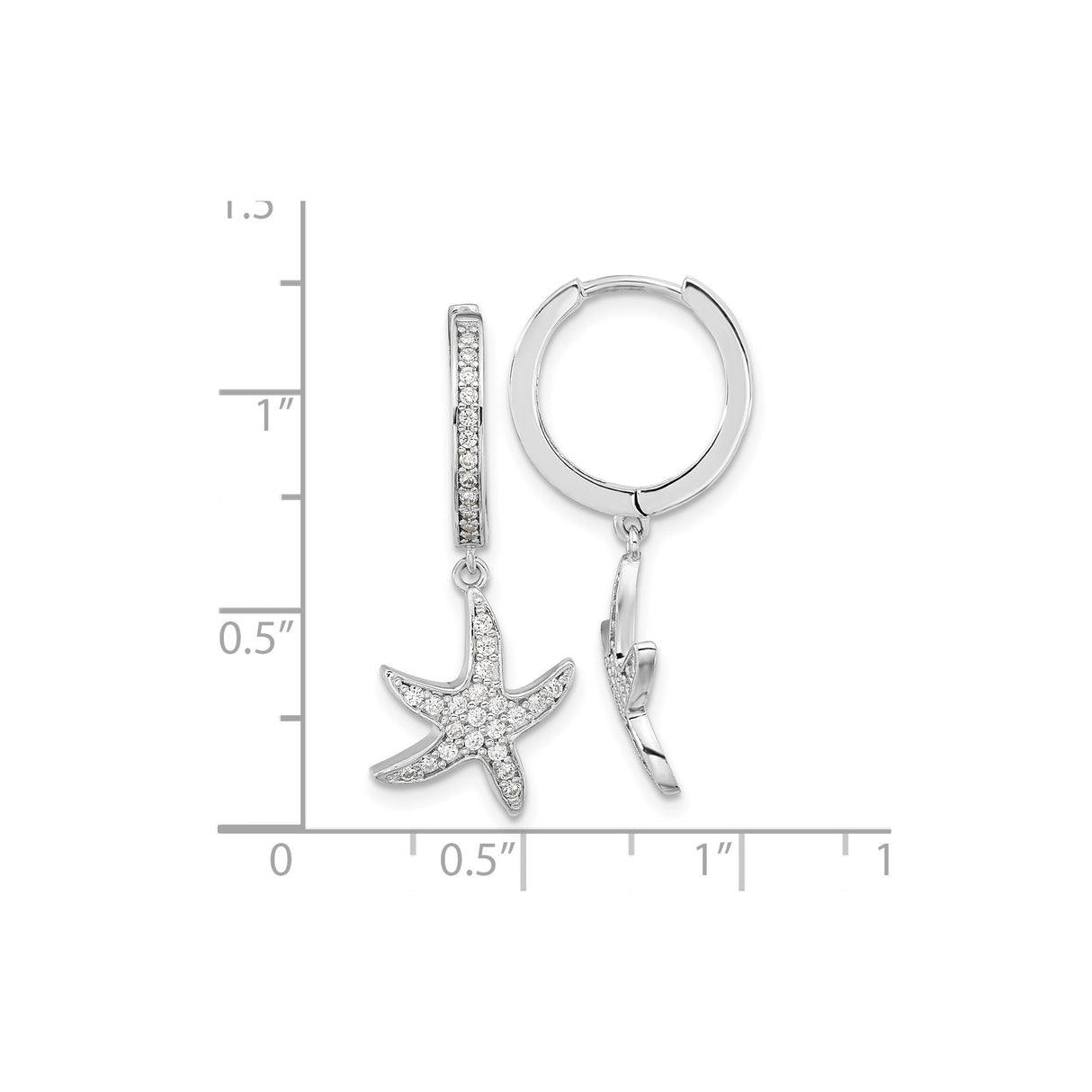 Sterling Silver Hoop Earrings with Cubic Zirconia Starfish Charms, Nautical Beach Style
