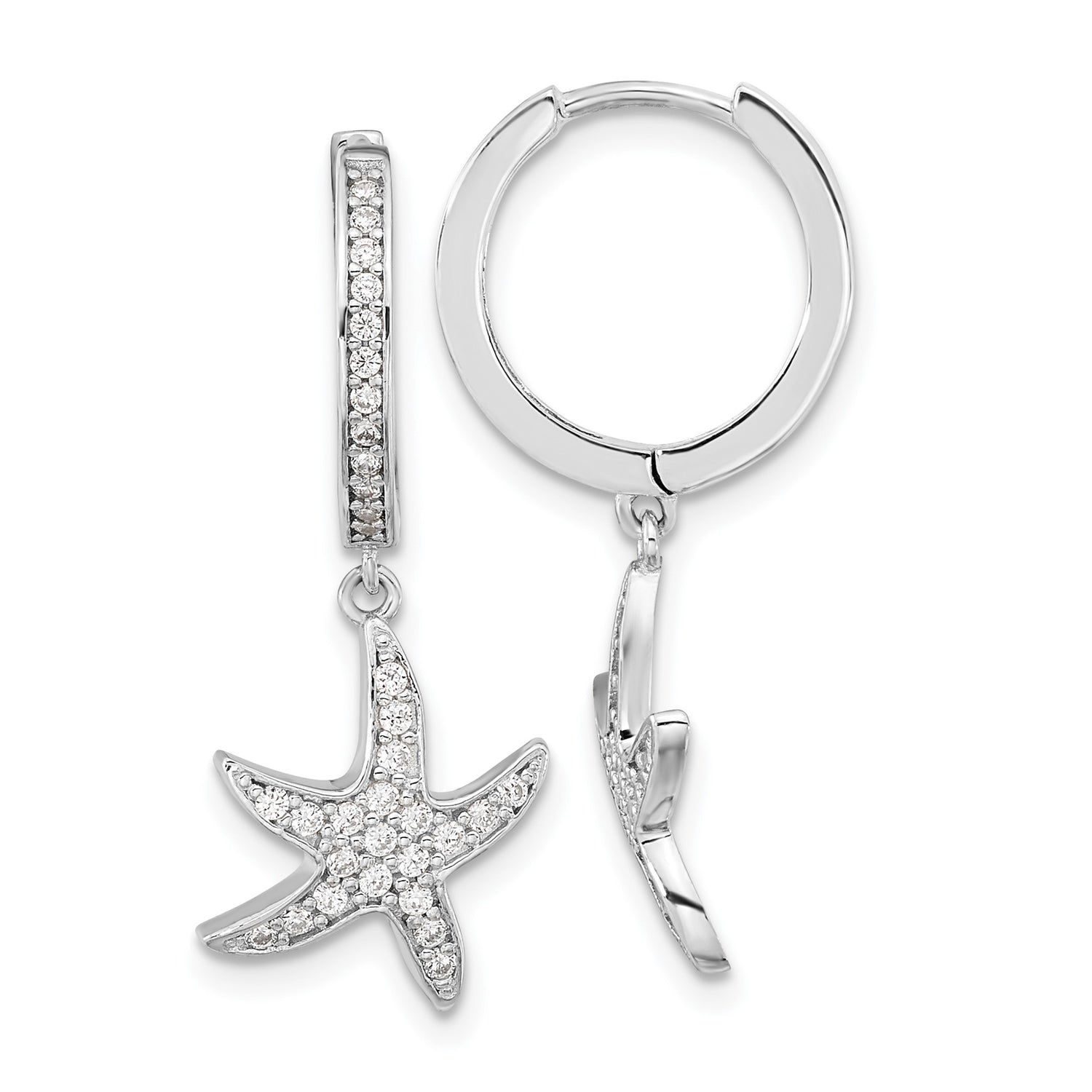 Sterling Silver Hoop Earrings with Cubic Zirconia Starfish Charms, Nautical Beach Style