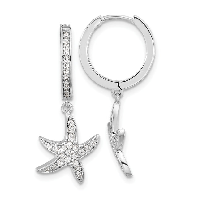 Sterling Silver Hoop Earrings with Cubic Zirconia Starfish Charms, Nautical Beach Style