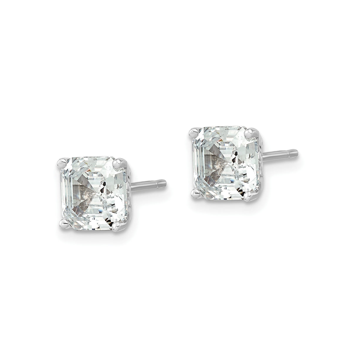Sterling Silver Stud Earrings with 7mm Asscher Cut Cubic Zirconia, Classic Four Prong Setting