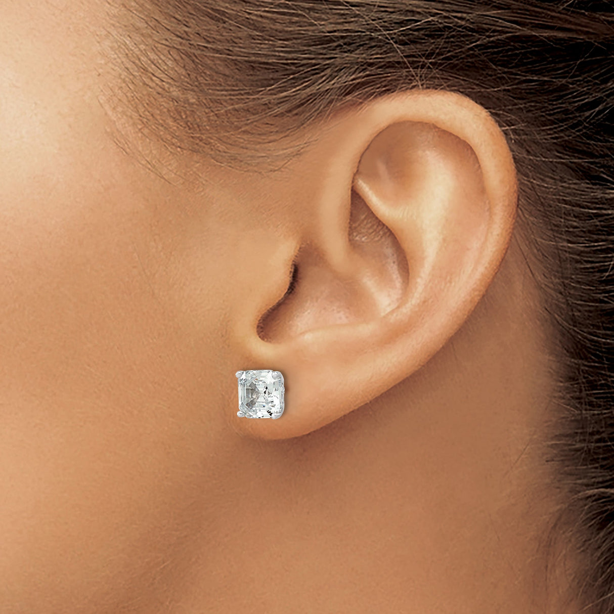 Sterling Silver Stud Earrings with 7mm Asscher Cut Cubic Zirconia, Classic Four Prong Setting