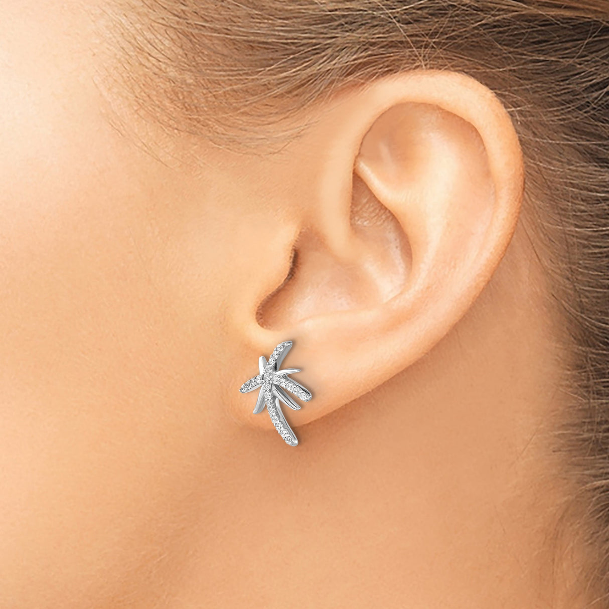 Sterling Silver Starfish Stud Earrings with Cubic Zirconia, Coastal Nautical Design