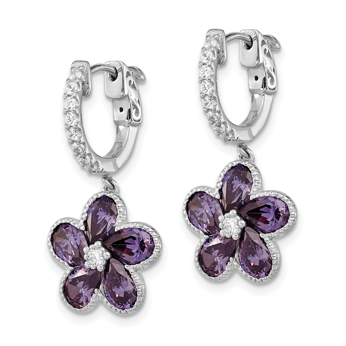 Sterling Silver Flower Drop Earrings with Amethyst Colored Cubic Zirconia and White Accents
