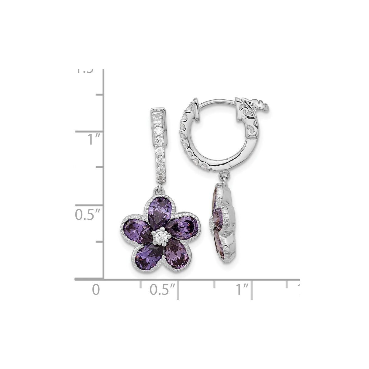 Sterling Silver Flower Drop Earrings with Amethyst Colored Cubic Zirconia and White Accents