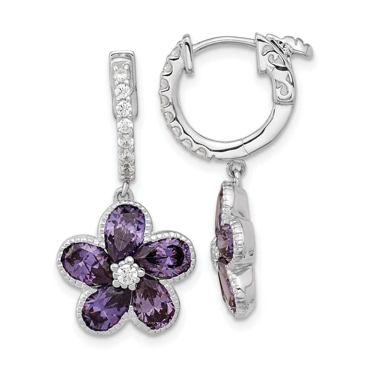 Sterling Silver Flower Drop Earrings with Amethyst Colored Cubic Zirconia and White Accents