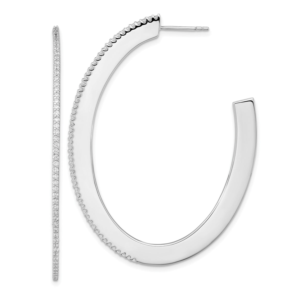 Sterling Silver Hoop Earrings with Cubic Zirconia, Flat Edge Modern Minimalist Design