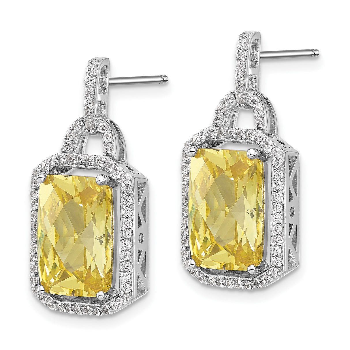 Sterling Silver Drop Earrings with Radiant Cut Yellow Cubic Zirconia and Geometric Side Design