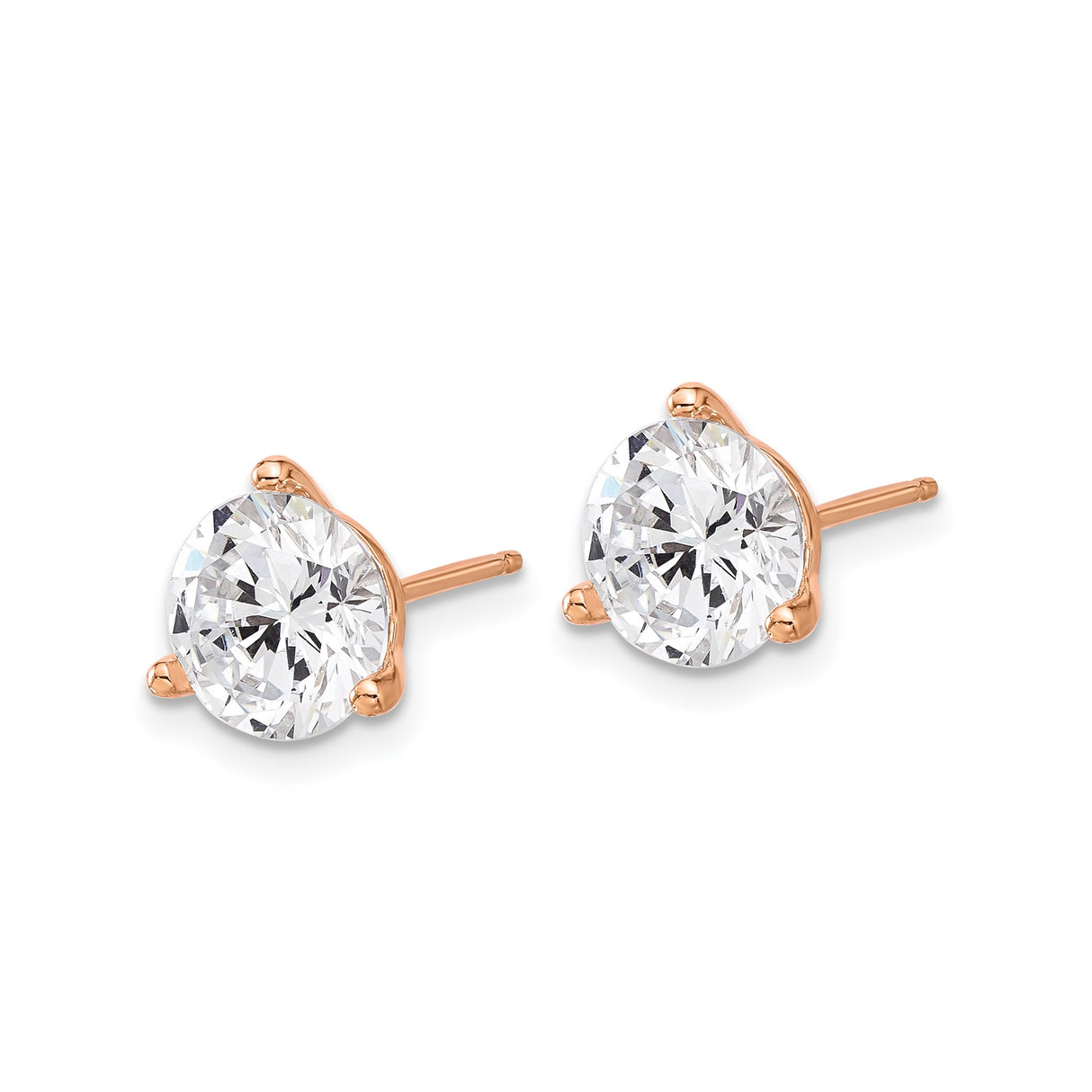 Sterling Silver Rose Gold Plated Stud Earrings with Cubic Zirconia, Three Prong Round Cut