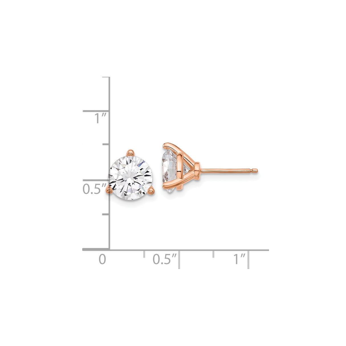 Sterling Silver Rose Gold Plated Stud Earrings with Cubic Zirconia, Three Prong Round Cut