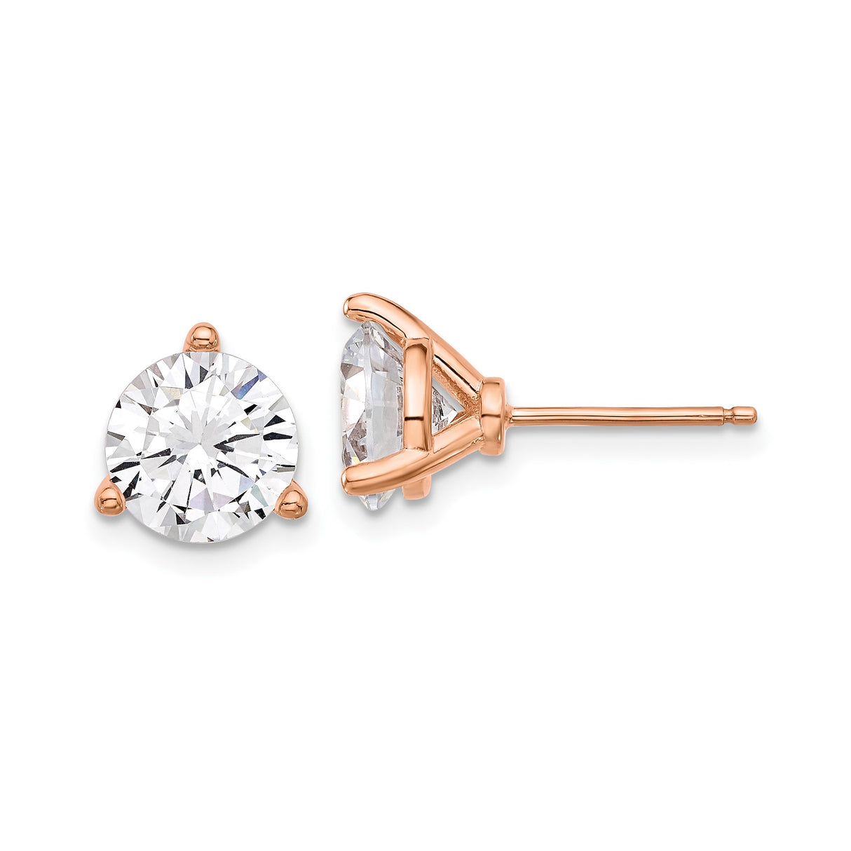 Sterling Silver Rose Gold Plated Stud Earrings with Cubic Zirconia, Three Prong Round Cut