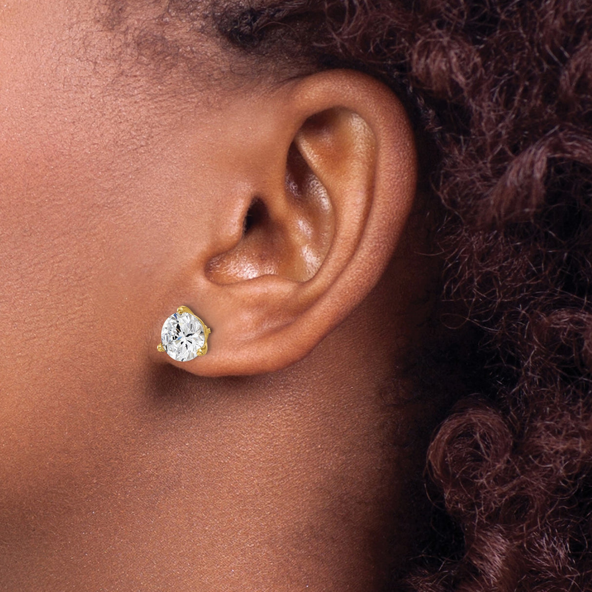 Sterling Silver Stud Earrings with Round Cut Cubic Zirconia, Gold-Tone Three-Prong Setting