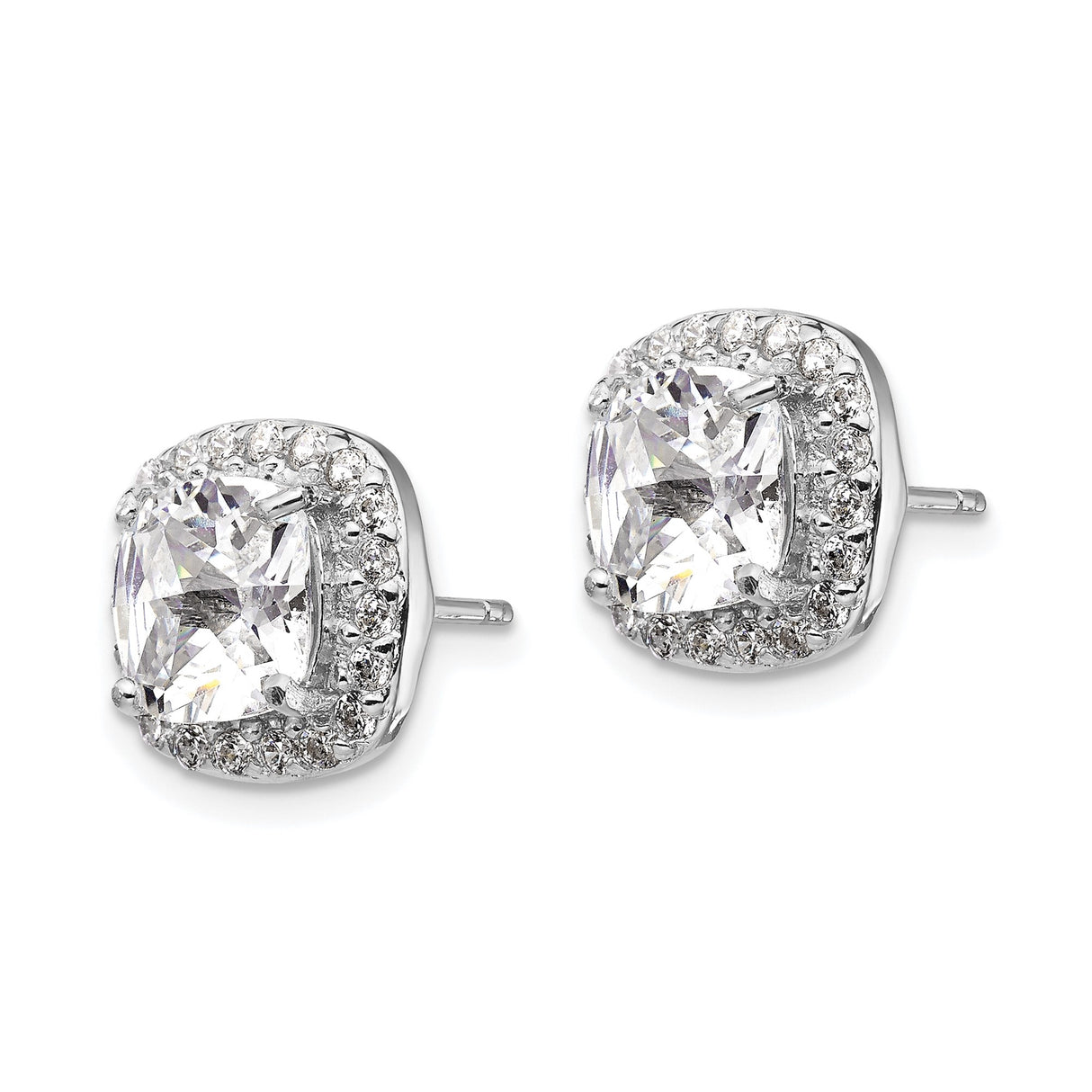 Sterling Silver Cushion Cut Stud Earrings with Clear Cubic Zirconia and Halo Accents