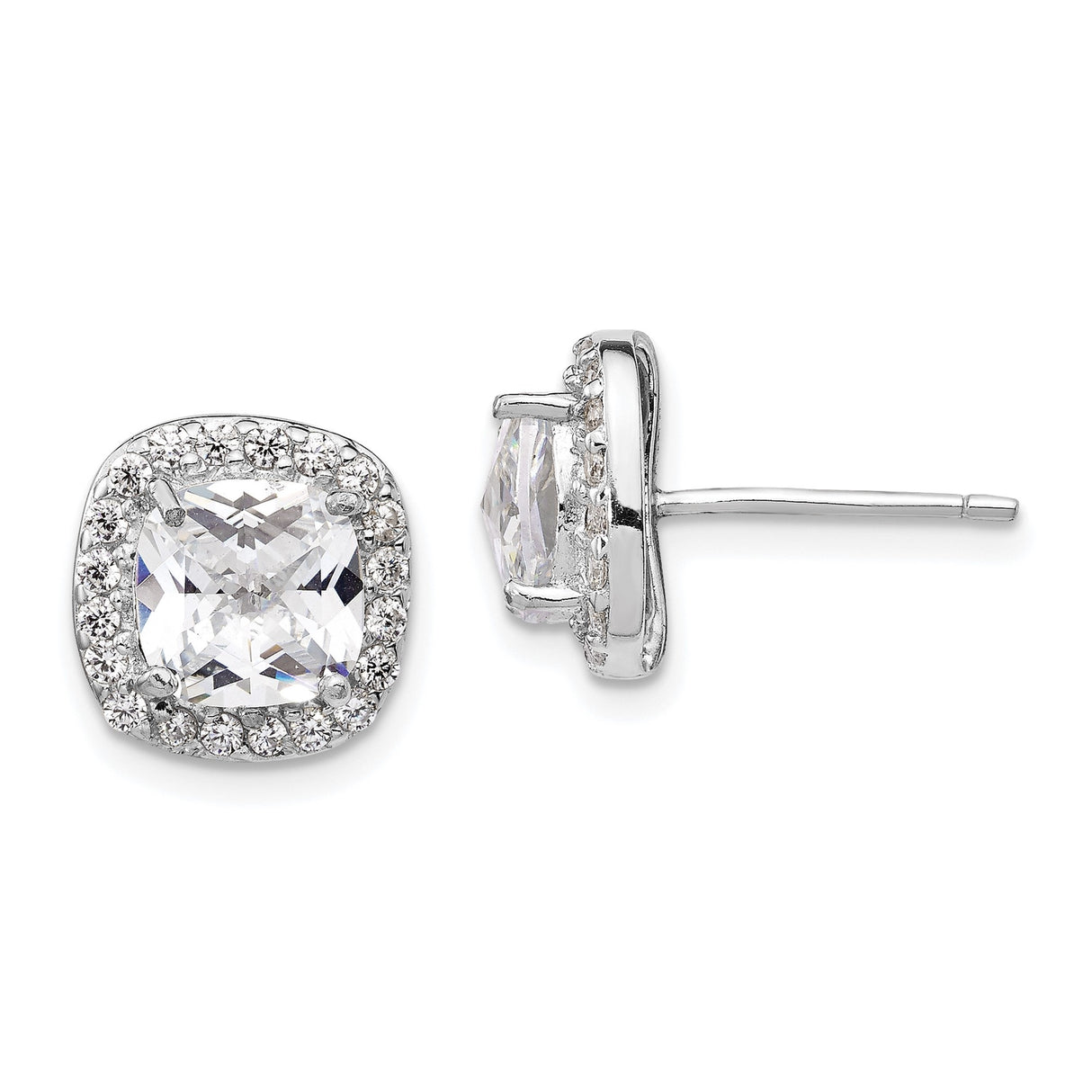 Sterling Silver Cushion Cut Stud Earrings with Clear Cubic Zirconia and Halo Accents